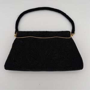 Vintage Art Deco Beaded Sequin Evening Bag Clutch Purse Black 50s  1950s Japan